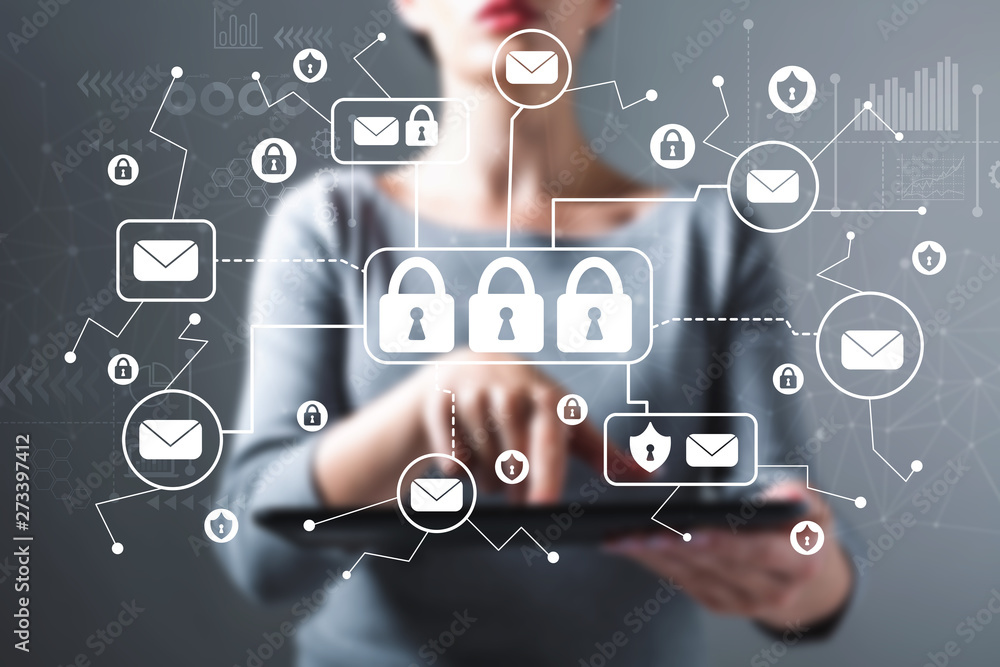 Poster email security theme with business woman using a tablet computer