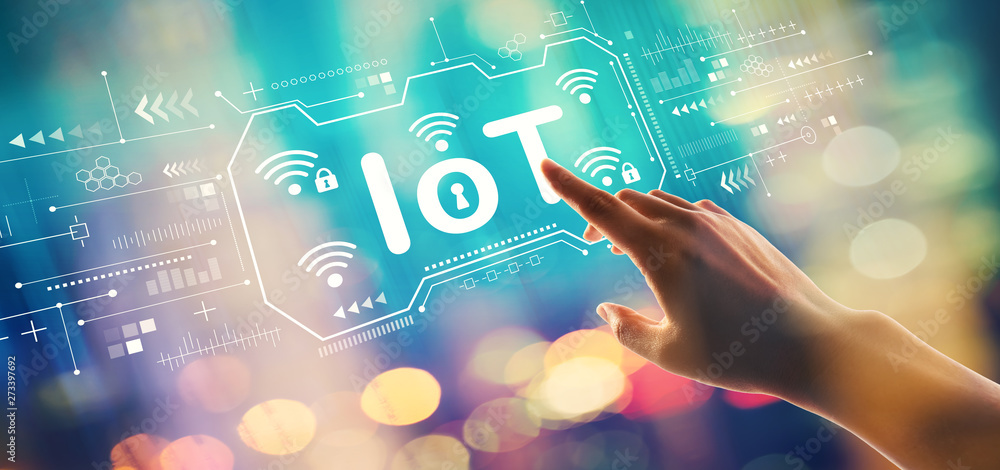 Poster iot theme with hand pressing a button on a technology screen