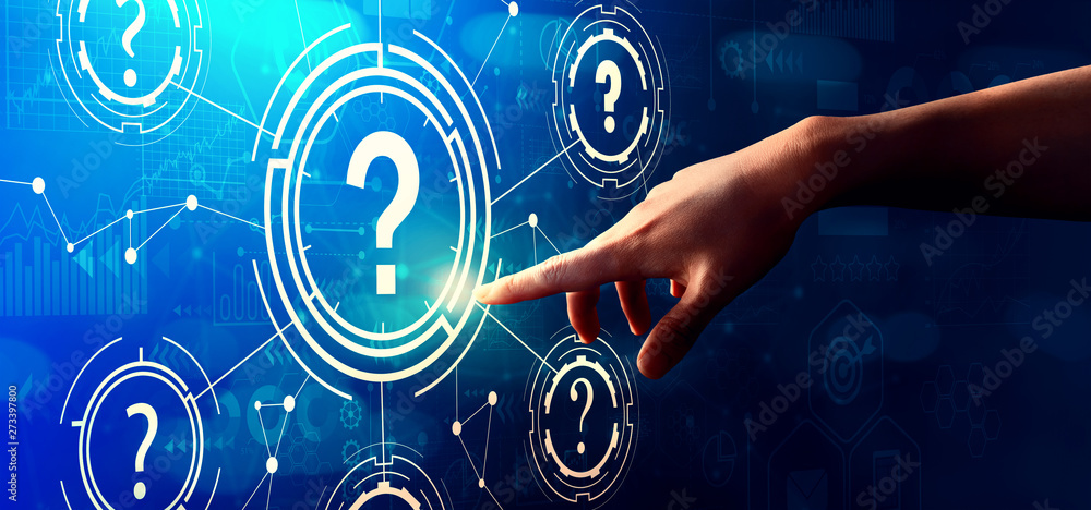 Poster question marks with hand pressing a button on a technology screen