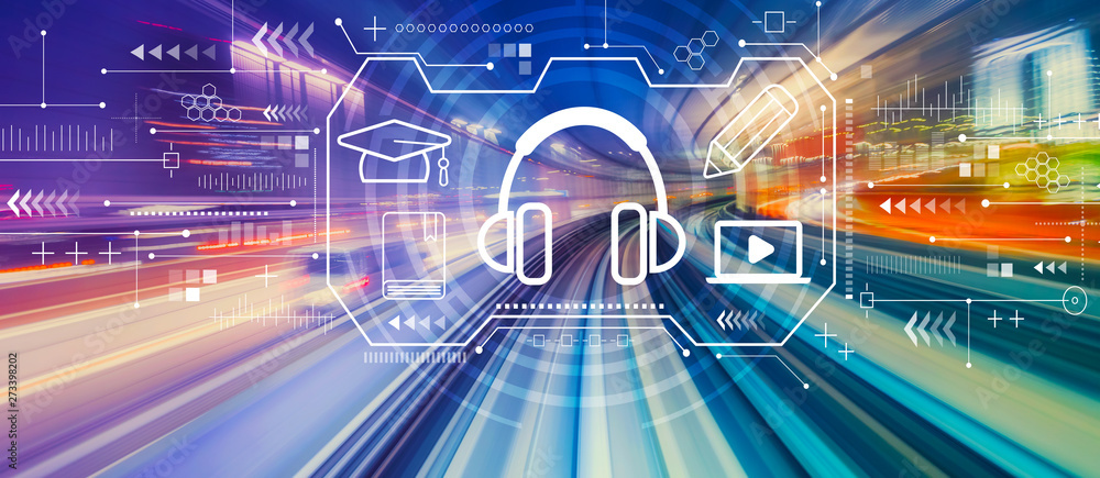 Poster e-learning concept with abstract high speed technology pov motion blur
