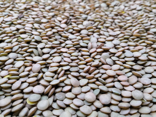Close-up of lentils in a grocery store. Staple food, commodity. Vegetable protein.