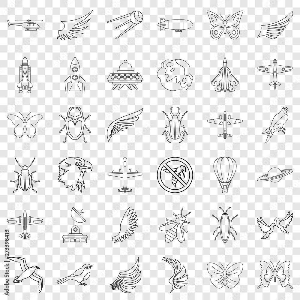 Poster aerospace icons set. outline style of 36 aerospace vector icons for web for any design