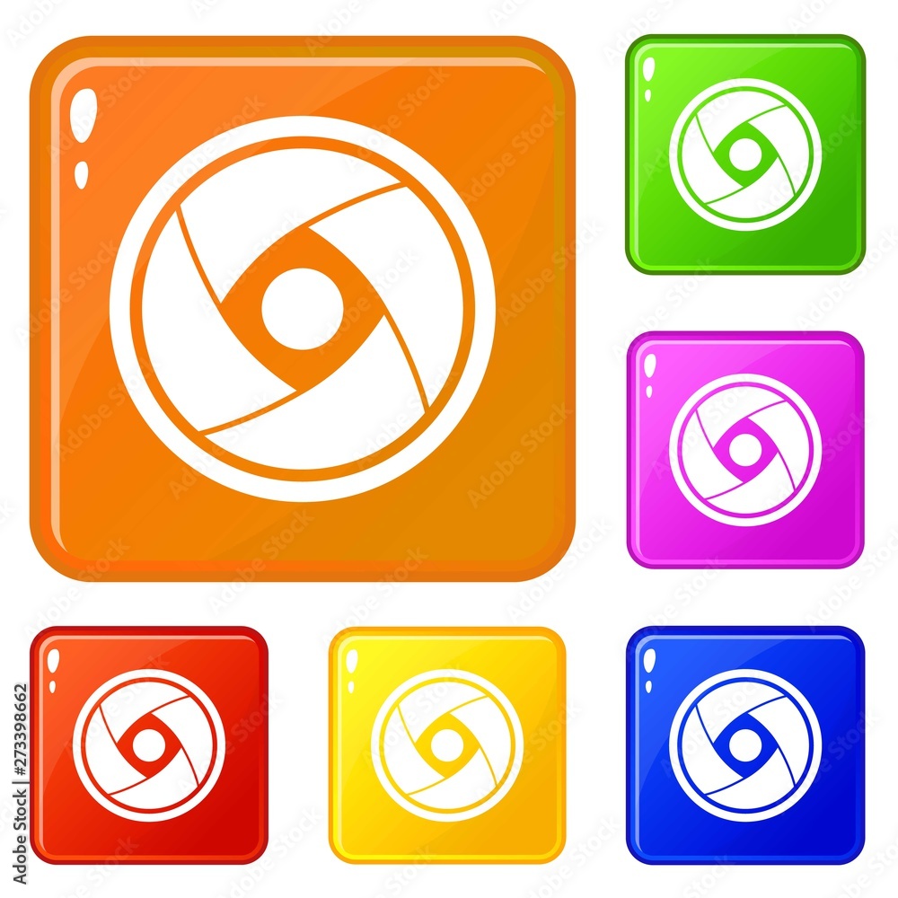 Poster camera lens icons set collection vector 6 color isolated on white background