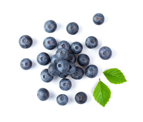 Blueberries and leaves isolated on white background. top view