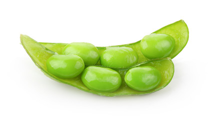 green soybeans seeds isolated on white background. top view