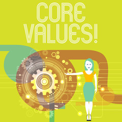 Handwriting text writing Core Values. Conceptual photo principle that demonstrating views as being central importance Woman Standing and Presenting the SEO Process with Cog Wheel Gear inside