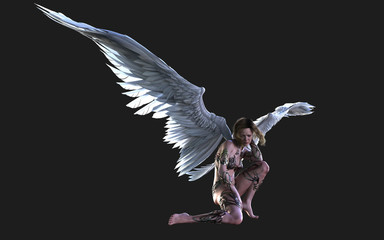 Fototapeta premium 3d Illustration The Heaven Angel Wings, White Wing Plumage Isolated on Black Background with Clipping Path. 