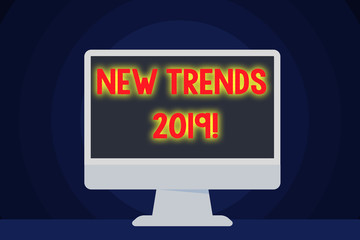 Text sign showing New Trends 2019. Business photo text general direction in which something is developing Blank Space Desktop Computer Colorful Monitor Screen Freestanding on Table