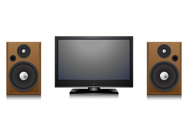 lcd television and loudspeaker box on the white background