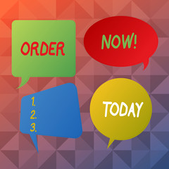 Word writing text Order Now. Business photo showcasing confirmed request by one party to another to buy or sell Blank Speech Bubble Sticker in Different Shapes and Color for Multiple Chat