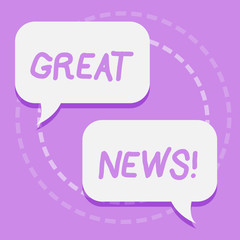 Handwriting text writing Great News. Conceptual photo Informal someone or something that positive encouraging uplifting Two Blank White Speech Balloon Engaging in Conversation on Pastel Backdrop