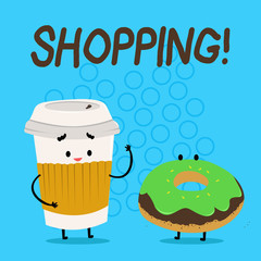 Handwriting text Shopping. Conceptual photo Shopper customer purchase goods products store experience Carry Out Paper Cup with Lid and Sleeve Beside Doughnut with Frosting on Top