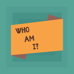 Conceptual hand writing showing Who Am Iquestion. Concept meaning Selfconsciousness own demonstratingality identity character Blank Color Folded Banner Strip Flat Style Announcement Poster