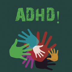 Conceptual hand writing showing Adhd. Concept meaning Learning made easier for children teaching no more a difficult task Hand Marks of Different Sizes for Teamwork and Creativity