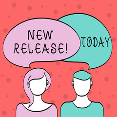 Word writing text New Release. Business photo showcasing announcing something newsworthy recent product or service Blank Faces of Male and Female with Colorful Blank Speech Bubble Overlaying