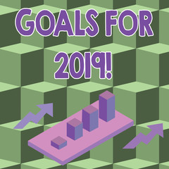 Conceptual hand writing showing Goals For 2019. Concept meaning object of demonstratings ambition or effort aim or desired result Clustered 3D Bar Chart Graph in Perspective with Two Arrows