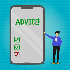 Text sign showing Advice. Business photo text Learn to be good at advicing showing, businesses Man Presenting Huge Blank Screen Smartphone while Holding Another Mobile
