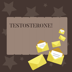 Conceptual hand writing showing Testosterone. Concept meaning Male hormones development and stimulation sports substance Closed and Open Envelopes with Letter on Color Stationery