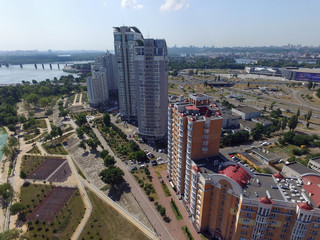 Modern residential area of Kiev at summer time (drone image).