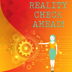 Word writing text Reality Check Ahead. Business photo showcasing Unveil truth knowing actuality avoid being sceptical Woman Standing and Presenting the SEO Process with Cog Wheel Gear inside