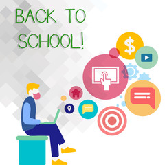Text sign showing Back To School. Business photo showcasing Right time to purchase schoolbag, pen, book, stationary Man Sitting Down with Laptop on his Lap and SEO Driver Icons on Blank Space