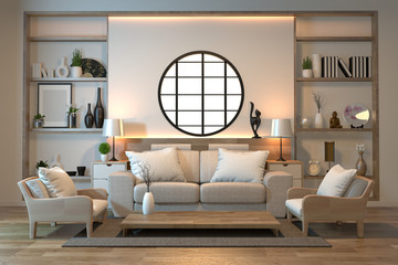 minimal interior design room zen style with sofa, arm chair, low table and decoration japan style design hidden light in shelf wall.3D rendering