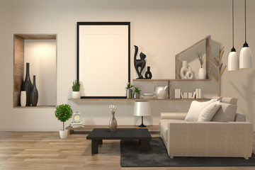 minimal interior design room zen style with sofa, arm chair, low table and decoration japan style design hidden light in shelf wall.3D rendering