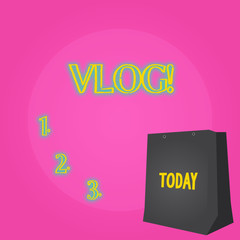 Text sign showing Vlog. Business photo showcasing Entertaining multimedia self broadcasting news reporting stories Color Gift Bag with Punched Hole but Without Handle on Twotone Blank Space