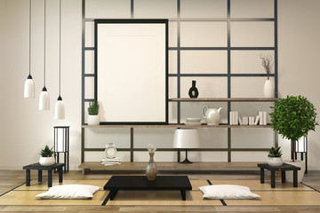 Minimalist modern zen living room with wood floor and decor japanese style.3d rendering