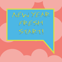 Writing note showing New Year Fresh Start. Business concept for Time to follow resolutions reach out dream job Blank Rectangular Color Speech Bubble with Border photo Right Hand