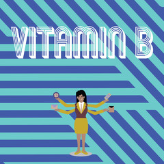 Text sign showing Vitamin B. Business photo text Highly important sources and benefits of nutriments folate Businesswoman with Four Arms Extending Sideways Holding Workers Needed Item