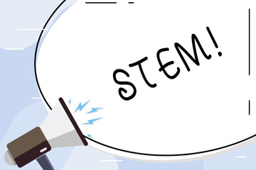 Conceptual hand writing showing Stem. Concept meaning Development destruction of huanalysis embryos for science and research Oval Shape Sticker and Megaphone Shouting with Volume Icon