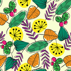 Fototapeta na wymiar Vector simple autumn seamless pattern with leaves and berries. Scandinavian style. linear sketch, bright gay children's print.