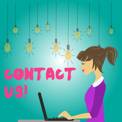 Word writing text Contact Us. Business photo showcasing individuals private or demonstratingal information demonstrating photo of Young Busy Woman Sitting Side View and Working on her Laptop