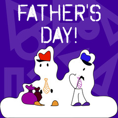 Conceptual hand writing showing Father S Day. Concept meaning day of year where fathers are particularly honoured by children Figure of Two Men Standing with Pouch Bag White Snow Effect