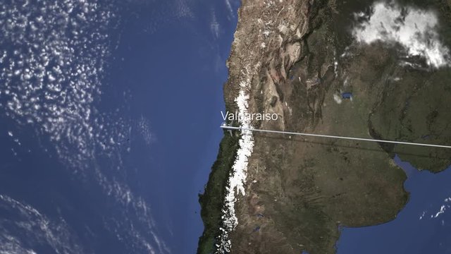 Airplane flying to Valparaiso, Chile from east. Intro 3D animation