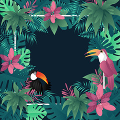 Summer tropical banner palm leaves birds vector image.