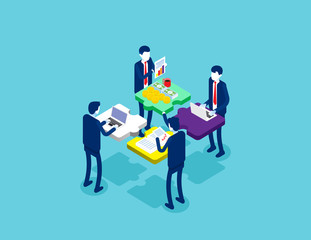 Cooperation by agency group to create a team. Concept isometric business startup vector illustration, Infographic of puzzle, Isometric flat cartoon character style design, Startup Teamwork.