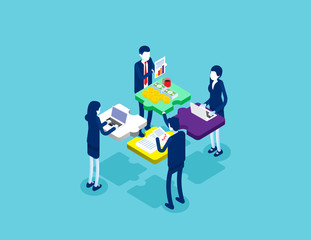 Obraz premium Cooperation by agency group to create a team. Concept isometric business startup vector illustration, Infographic of puzzle, Isometric flat cartoon character style design, Startup Teamwork.