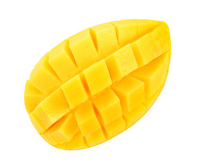 Ripe yellow Mangoes cut half in cubes isolated on white background.
