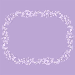 Wreath of pink flowers on a light purple background. Rectangular frame for the label. Decoration for wedding cards.