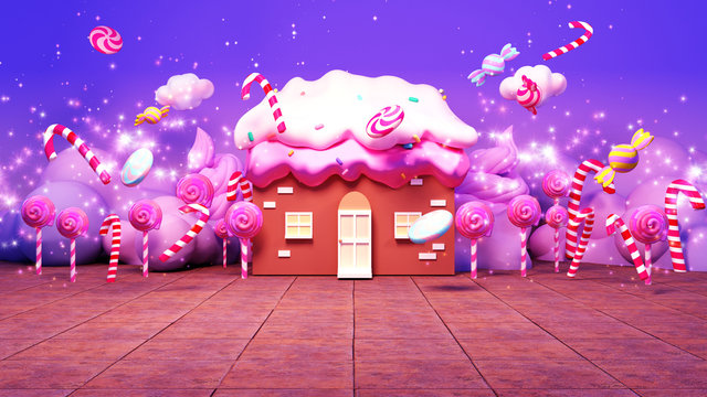 Sweet cartoon candy land with magic fairy dust effect. 3d rendering picture.