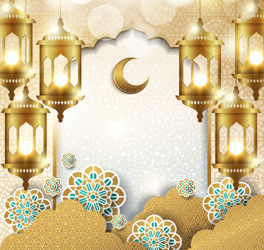 Ramadan kareem half a month with cut Clouds, 3D paper and golden lantern template islamic ornate background