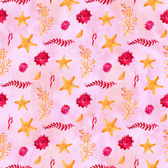 Seamless pattern with marine starfish. Watercolor background. Can be used for fabric, wallpaper, banner, pack, web page. Isolated elements for easy use.