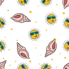 Seamless Pattern of Funny Sun and Sea Shell hand drawn in cute colorfull doodle vector