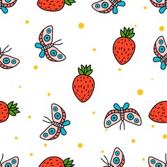 Seamless Pattern of Butterfly and strawberry hand drawn in cute colorfull doodle vector