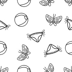 Seamless Pattern of butterfly,beach bikini and beachball hand drawn in black and white doodle vector with ice cream cone as an additional