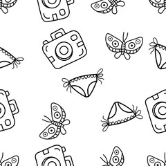 Seamless Pattern of butterfly,beach bikini and pocket camera hand drawn in black and white doodle vector with ice cream cone as an additional