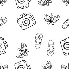 Seamless Pattern of butterfly,flipflop and pocket camera hand drawn in black and white doodle vector with ice cream cone as an additional