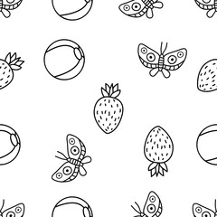 Seamless Pattern of butterfly, strawberry and beachball hand drawn in black and white doodle vector with ice cream cone as an additional